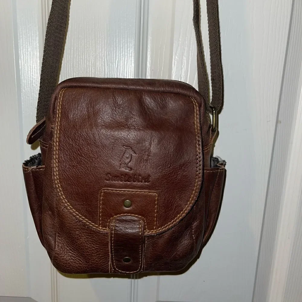 Smile Bird Leather faded Brown Men small messenger bag .Nylon adjustable strap.